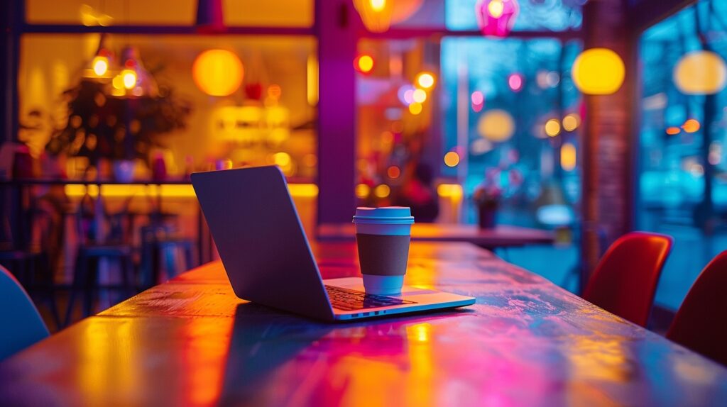 Social media marketing advertising. a laptop sits ready for work on a table at a coffee shop. 