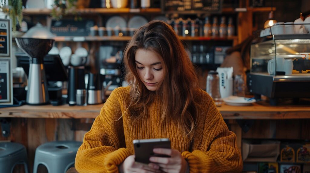 A small business owner sits at a coffee shop looking at her phone. She is aware that social media marketing for small businesses is essential. 