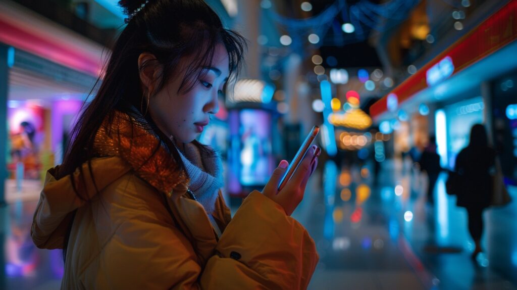 A woman is on a busy street, looking at her phone. She is practicing some of these social media marketing techniques.
