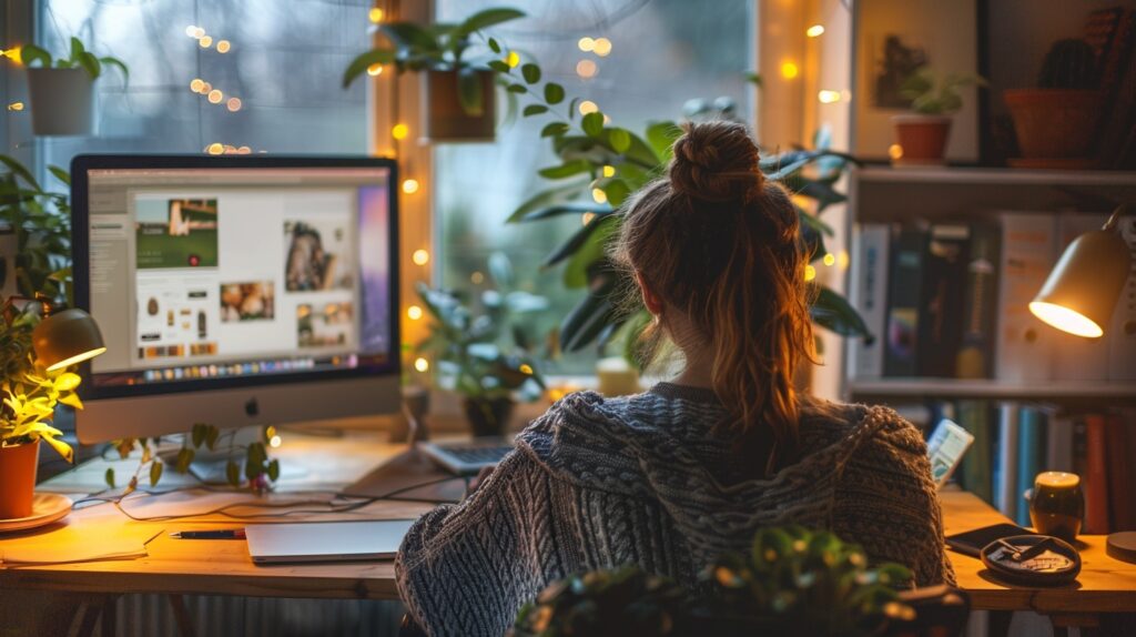 A woman sits at her desk in her home office. She's working on affiliate marketing blog promotion.