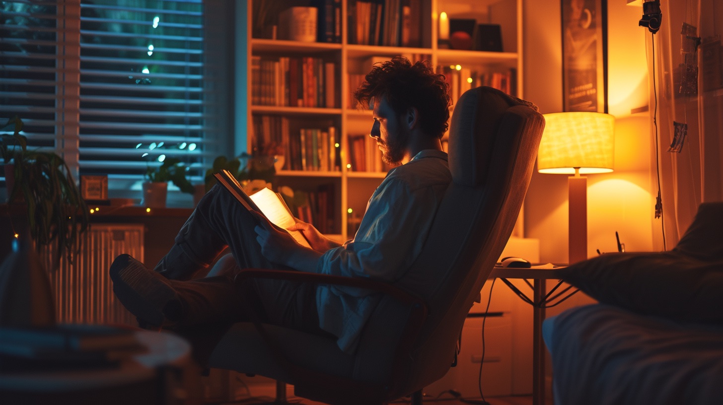 A man sits in a comfortable chair reading one of his affiliate marketing books
